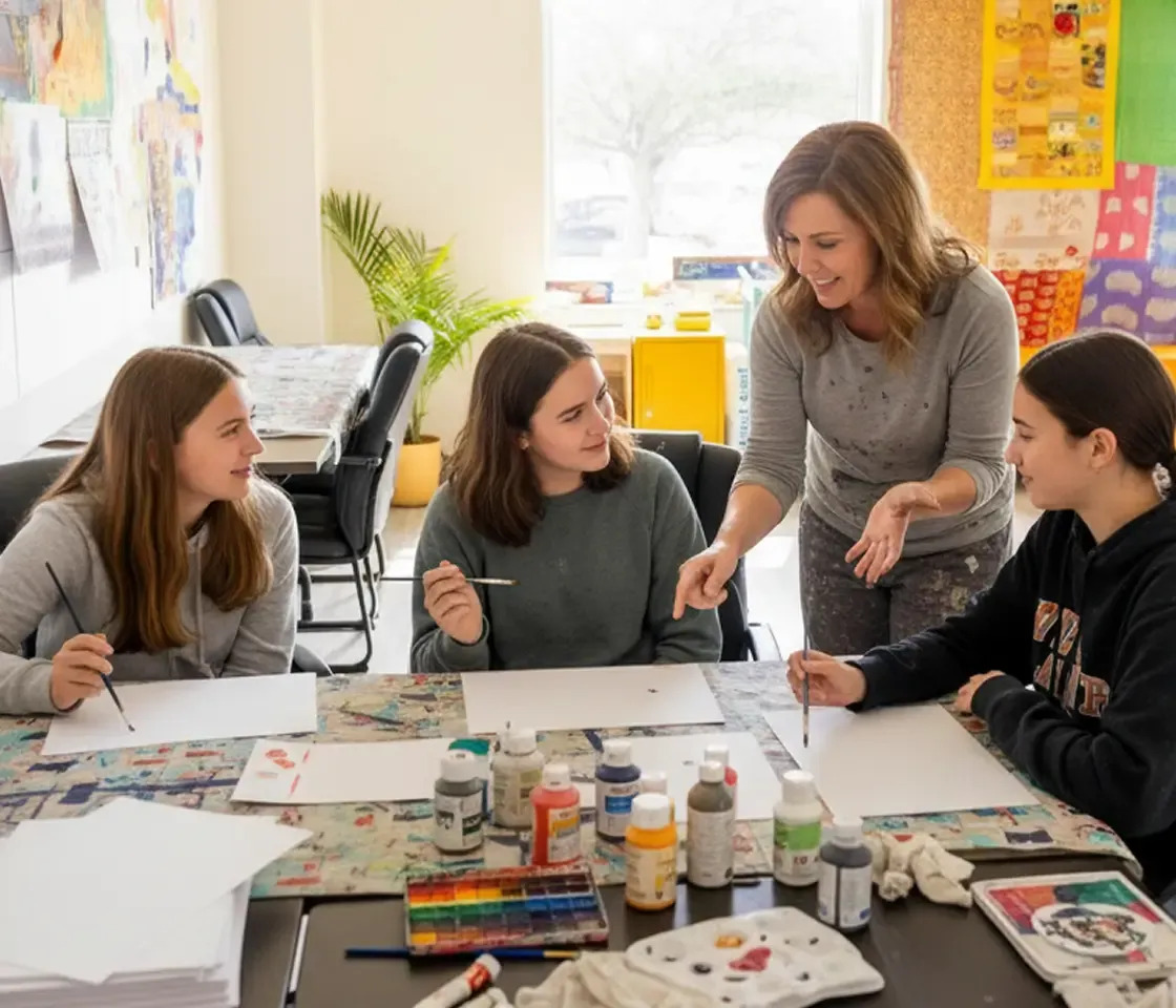 An instructor leads a group of teen girls in an art therapy session.