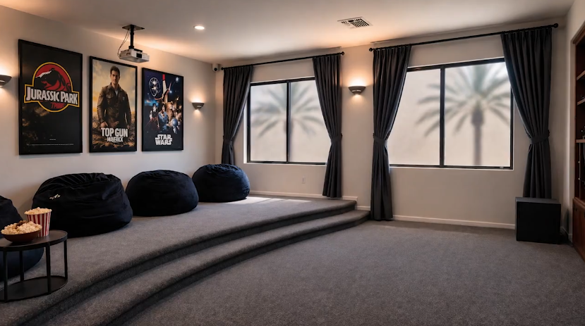 Home theater room with tiered seating, beanbag chairs, projector, and movie posters