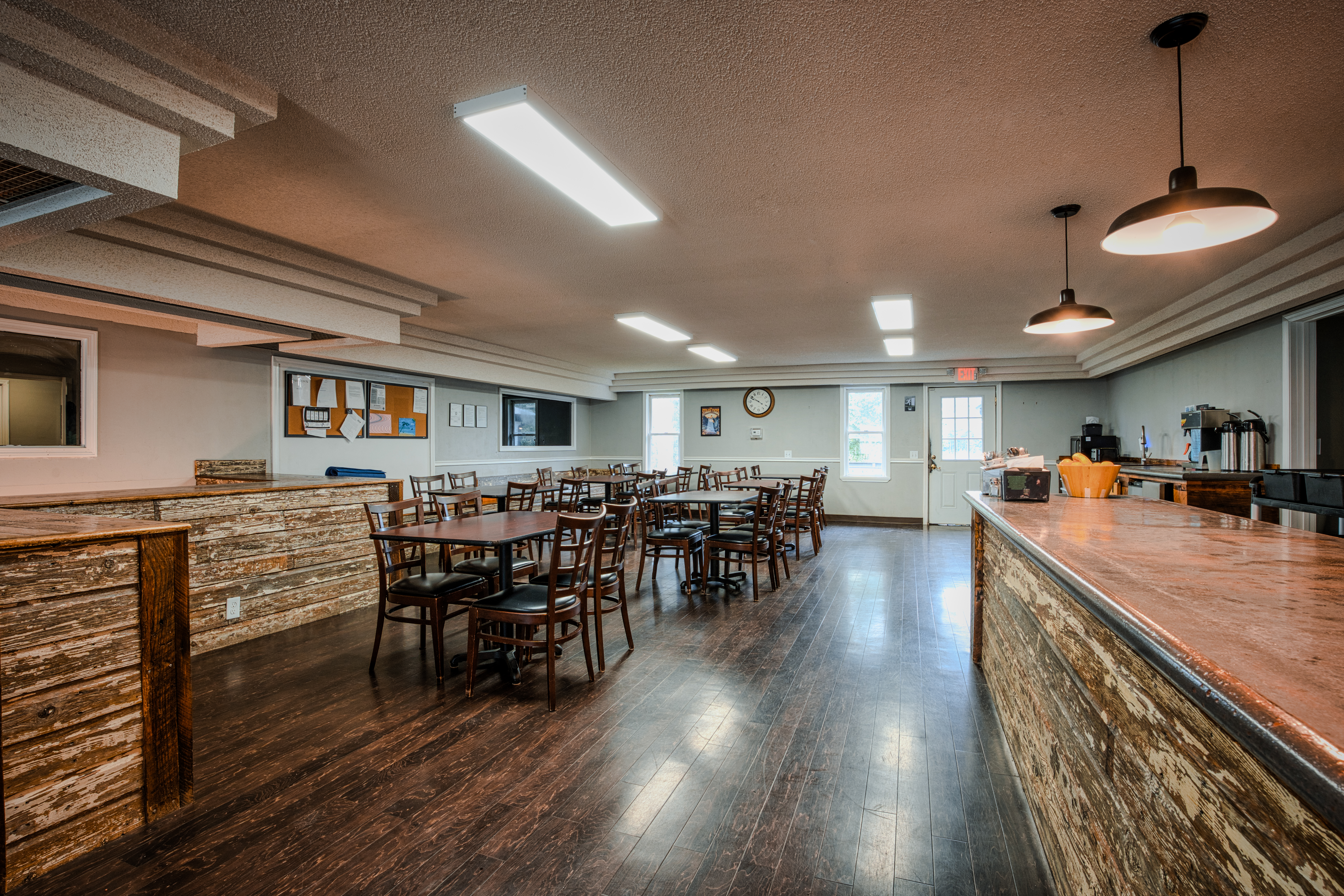 dining space with rustic warm wood finishes