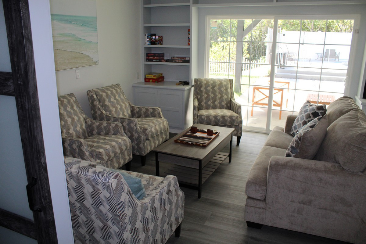 Recreation room with board games and comfortable seating