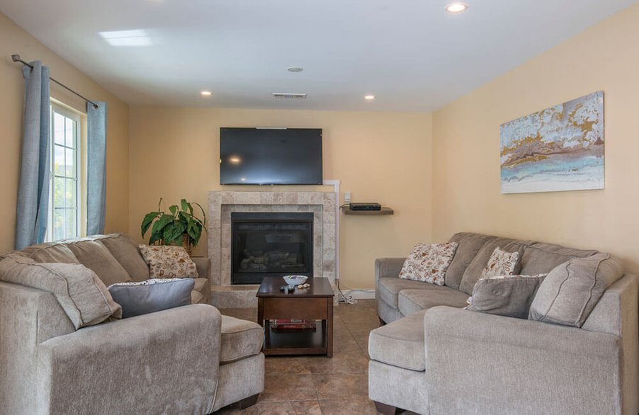 Living room with sofas, a fireplace, and a TV.