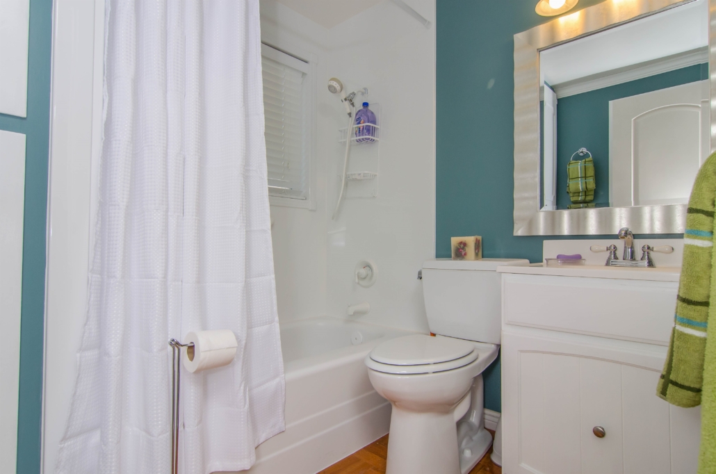 White tub with shower and teal accent wall