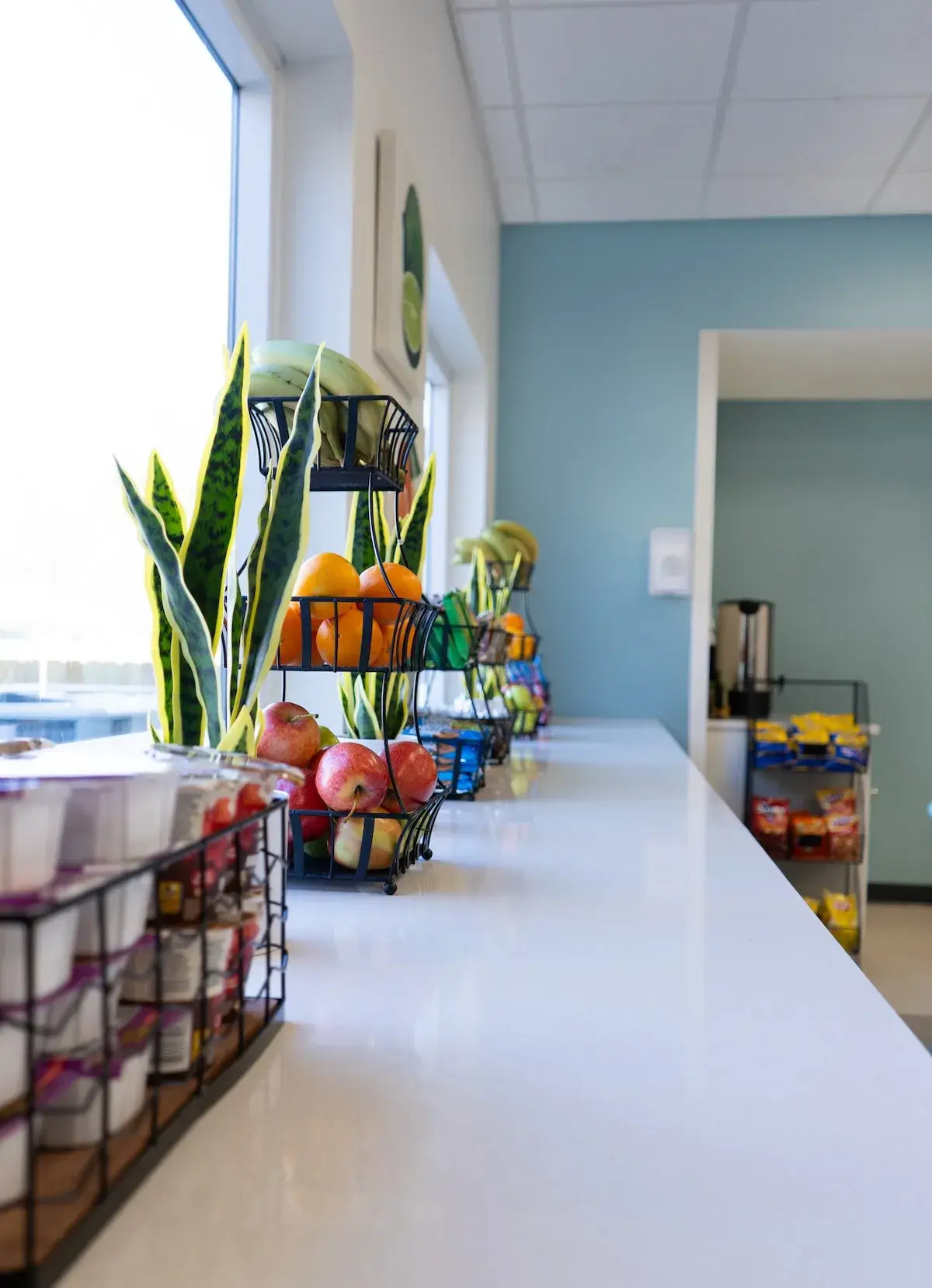 Countertop with fresh fruit baskets and grab-and-go snacks.