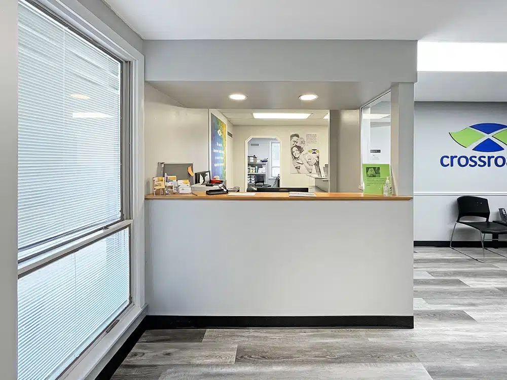 Reception window and front desk at Crossroads clinic