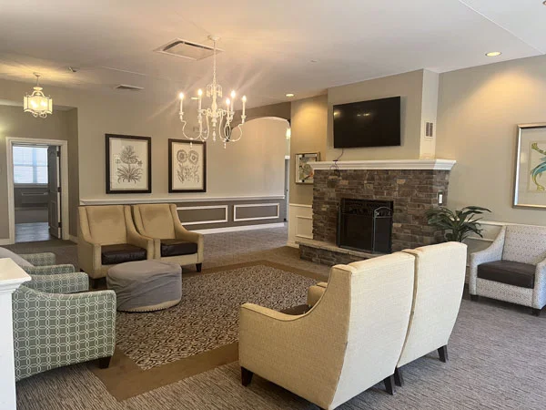 Comfortable living area with fireplace and lounge seating