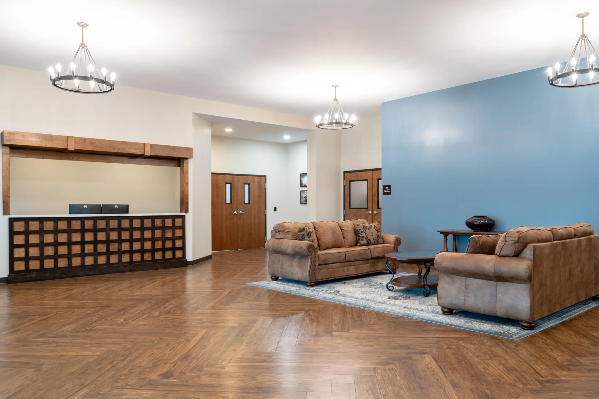 Spacious lobby with seating and reception desk