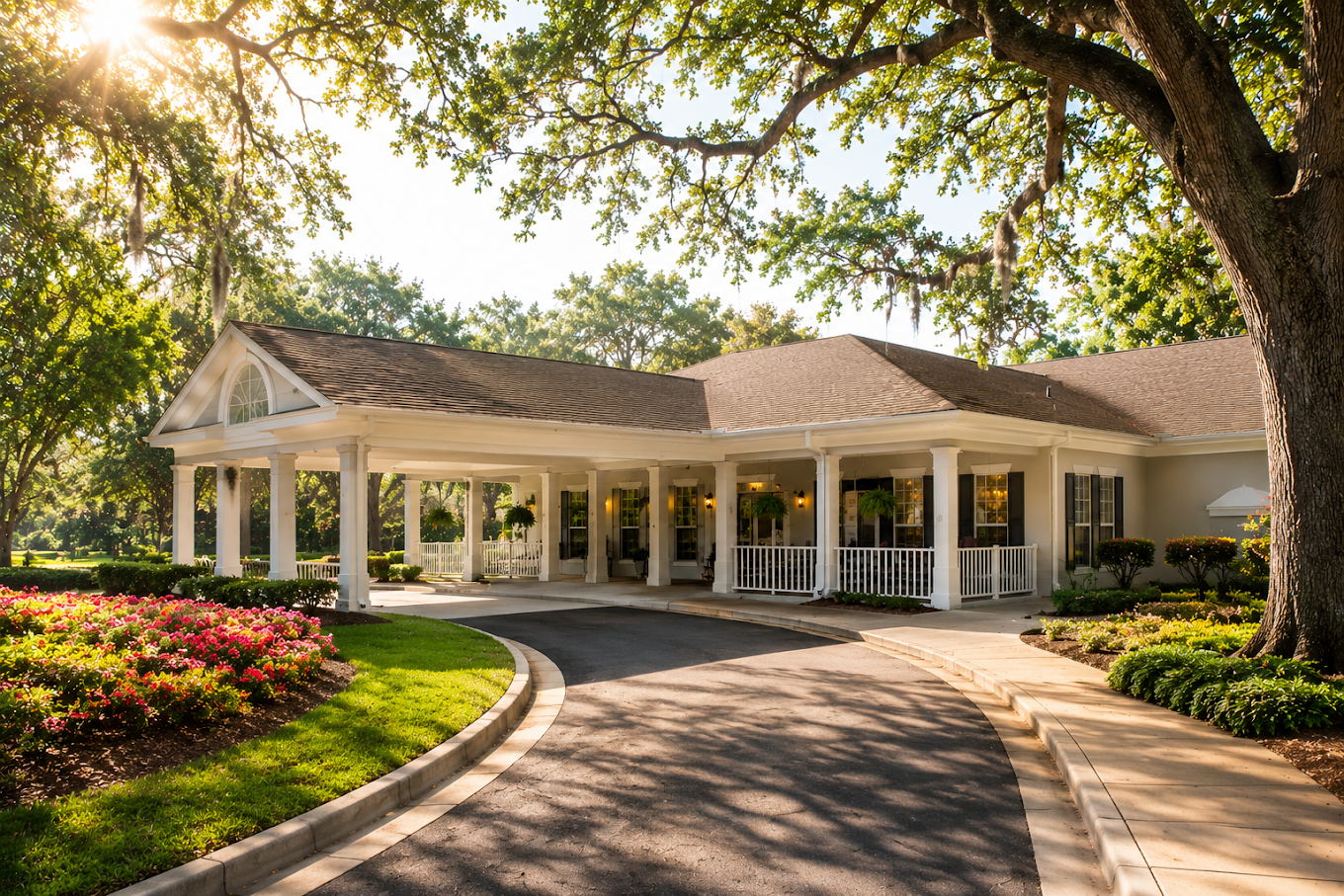 Recovery center entrance with covered driveway and landscaping
