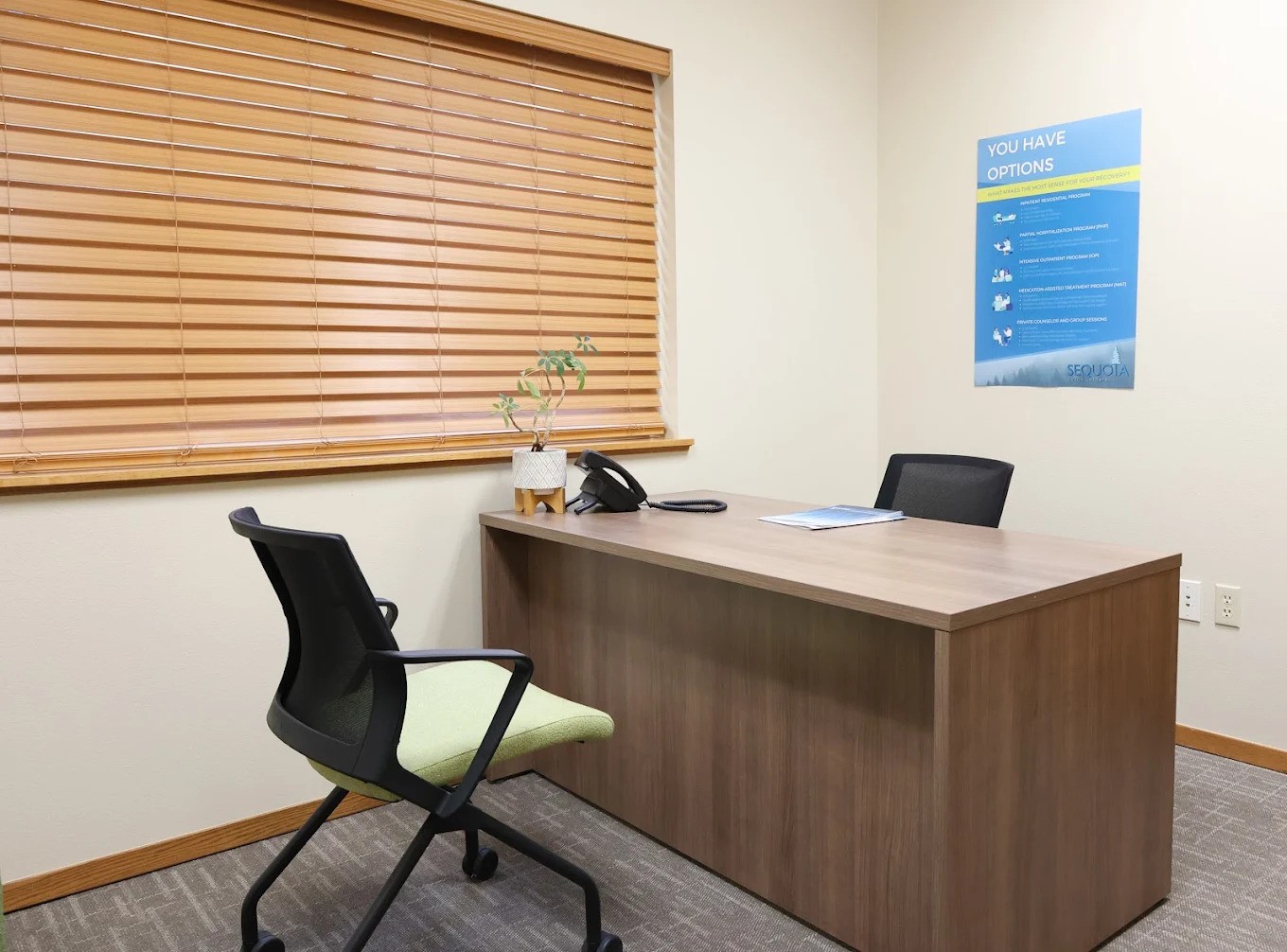 Private office with wood desk and chairs for one-on-one support