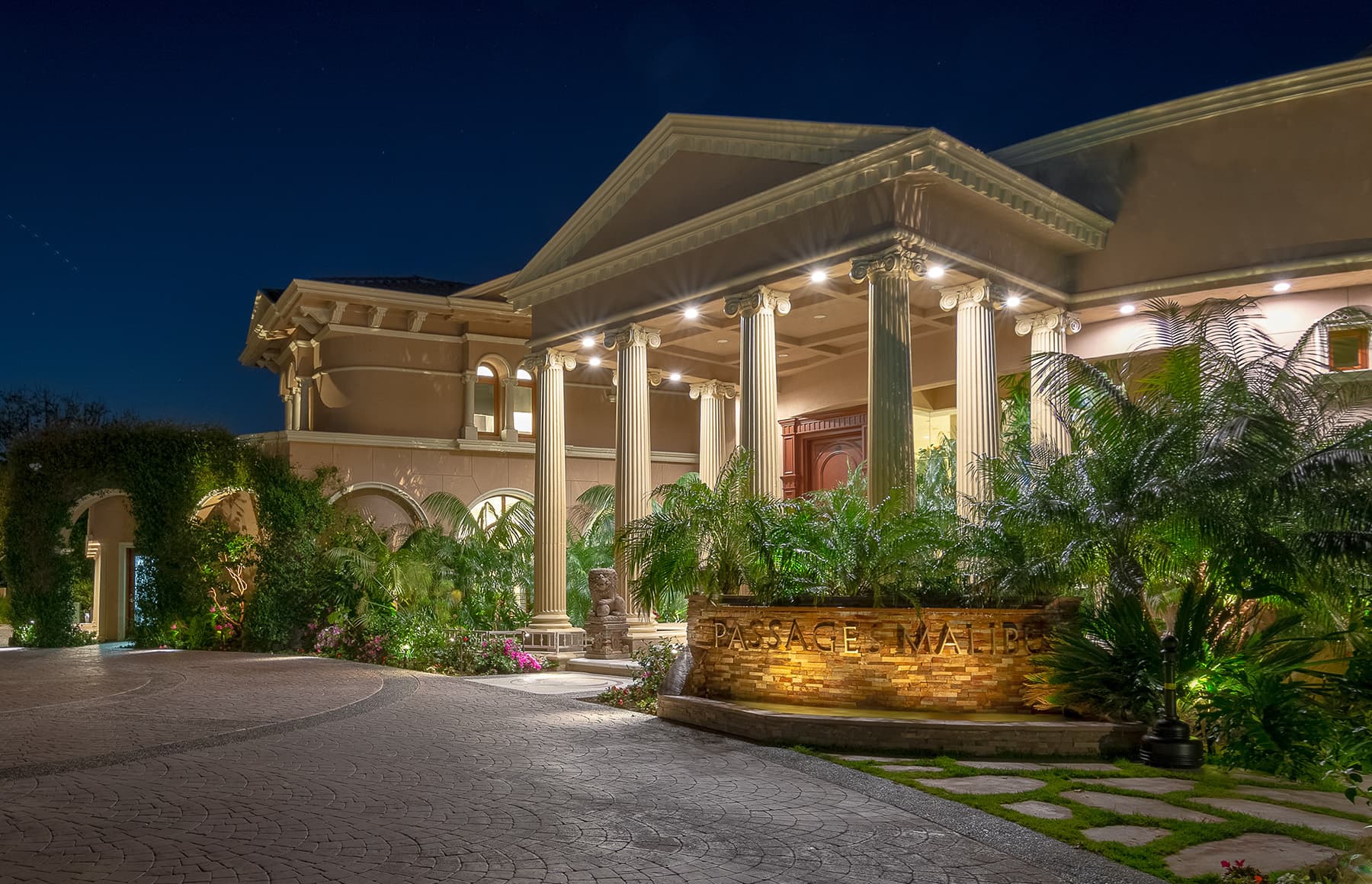 Front entrance of Passages Northeast Malibu at night