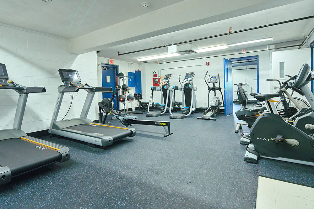 Gym room with treadmills, bikes, and other equipment