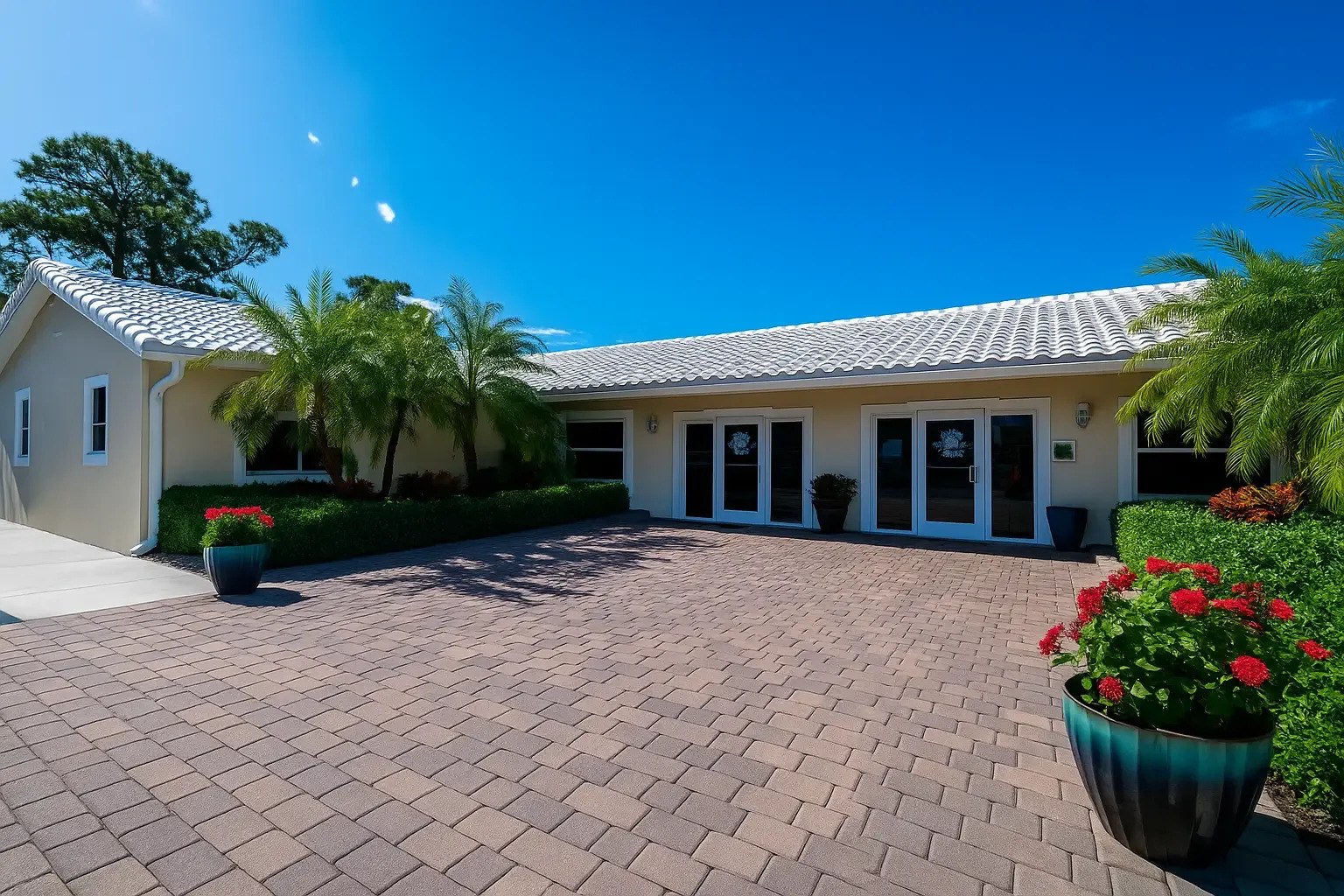 Detox facility exterior with pavers, palm trees, and blue sky.