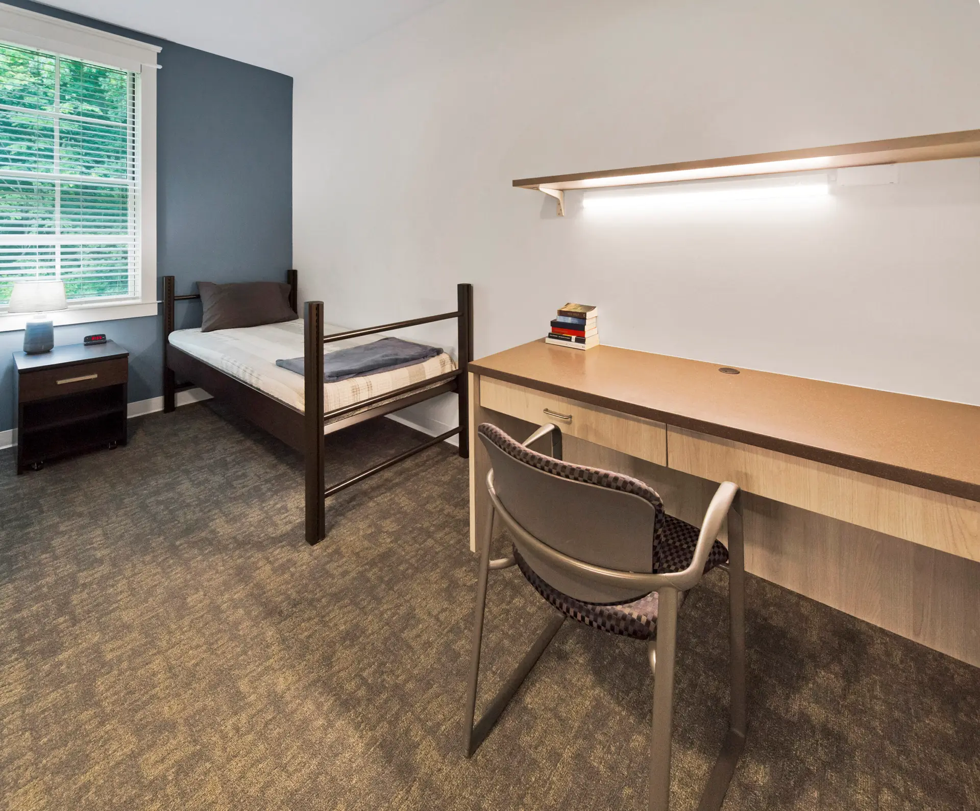 Bedroom with twin bed, desk, chair, and shelving
