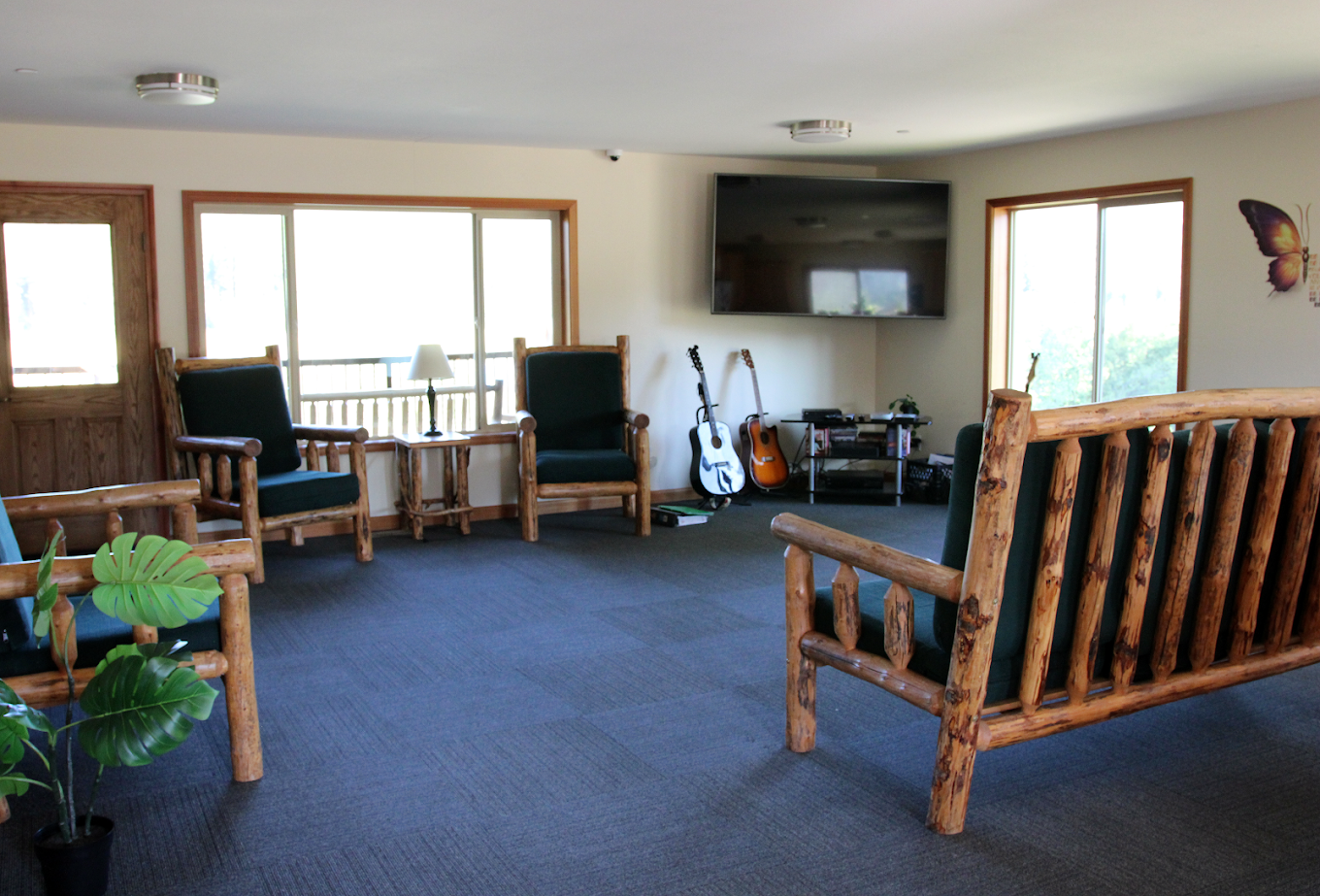 Lounge with log furniture, guitars, and mounted TV