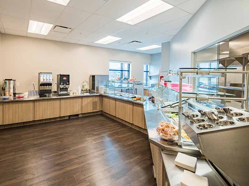 Modern buffet and dining service area inside residential treatment facility