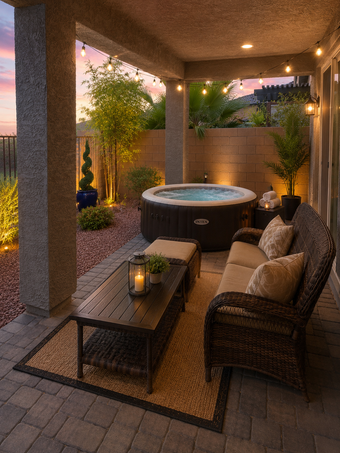Covered outdoor seating area with hot tub and string lights