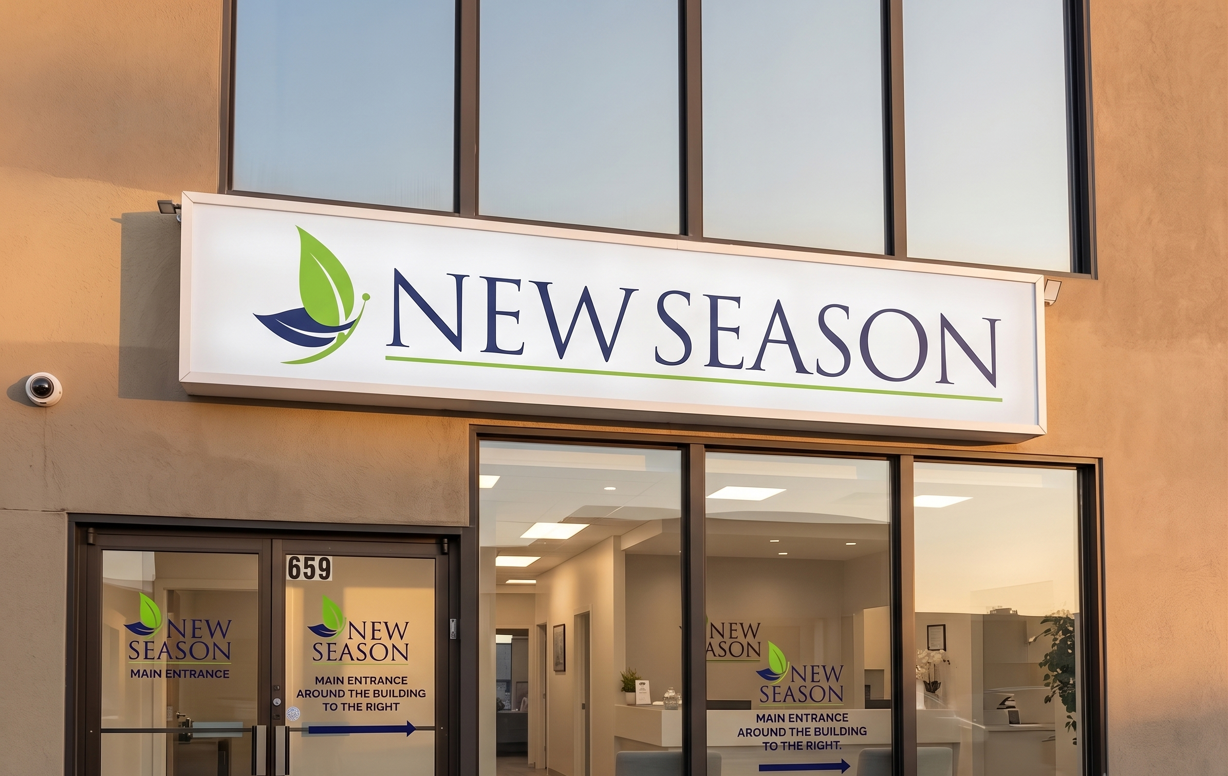 New Season sign above glass doors and reception windows