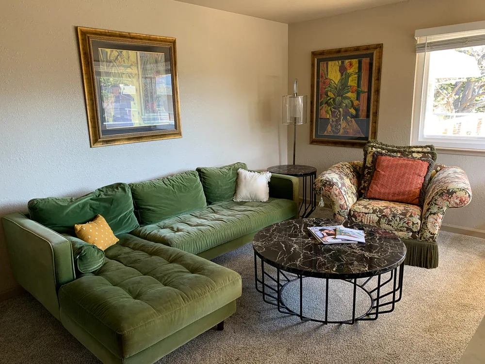 Cozy shared living room with sectional sofa and lounge chair