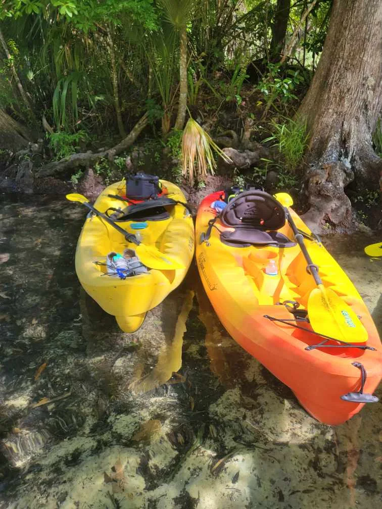 Yellow and orange kayaks on a clear stream