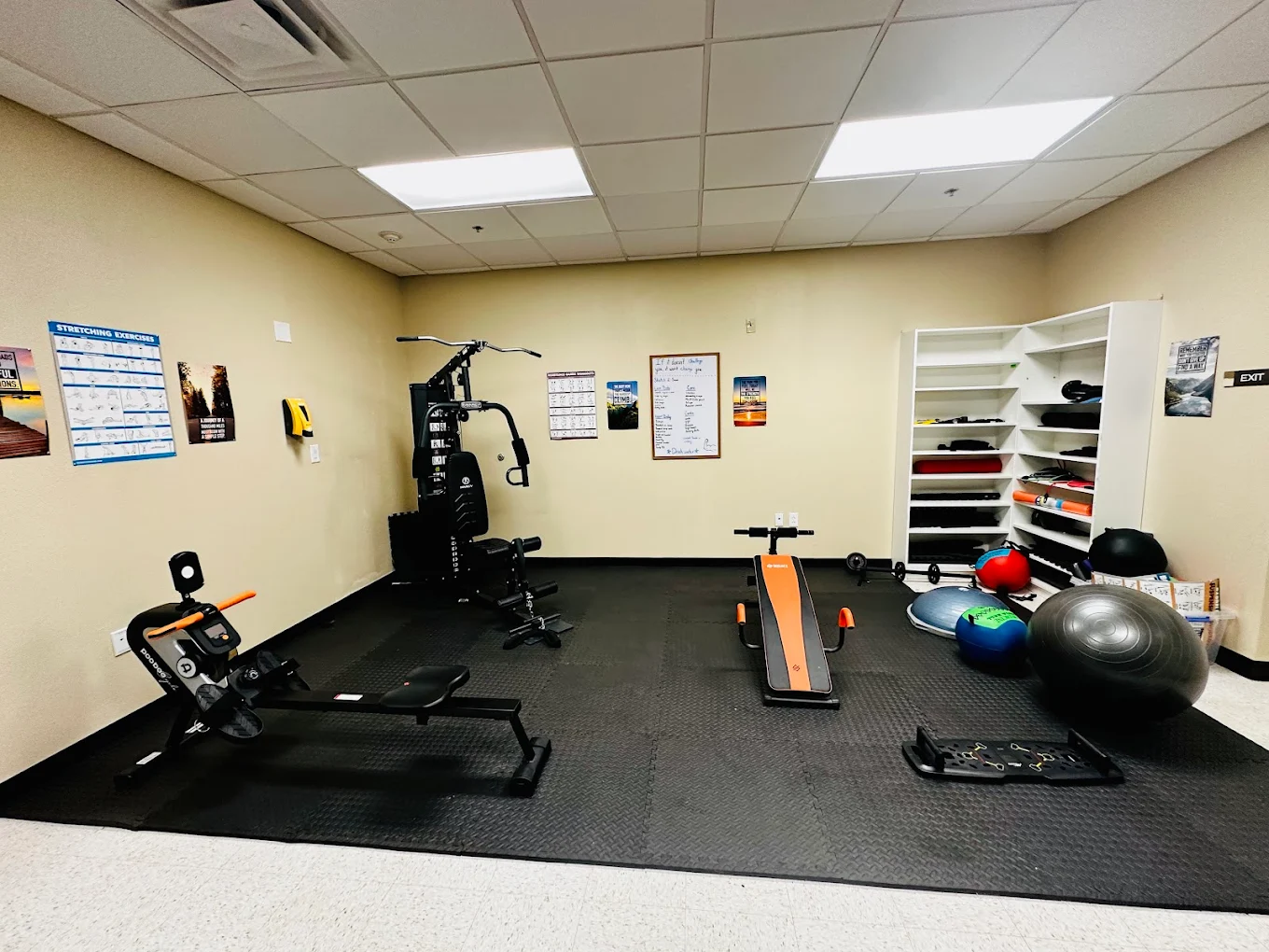 Exercise room equipped with resistance machines, yoga balls, and fitness posters