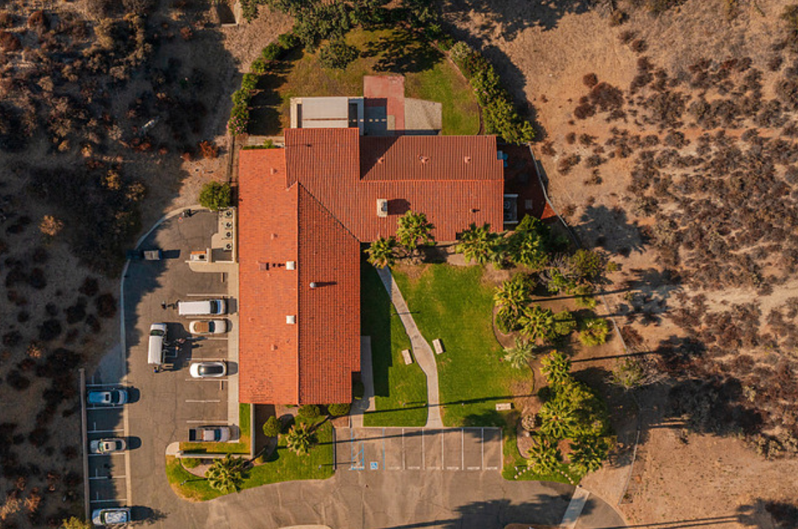 Overhead view of rehab building and parking area.