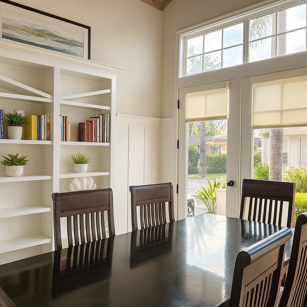Bright dining room with dark wood table, chairs, and built-in shelves.