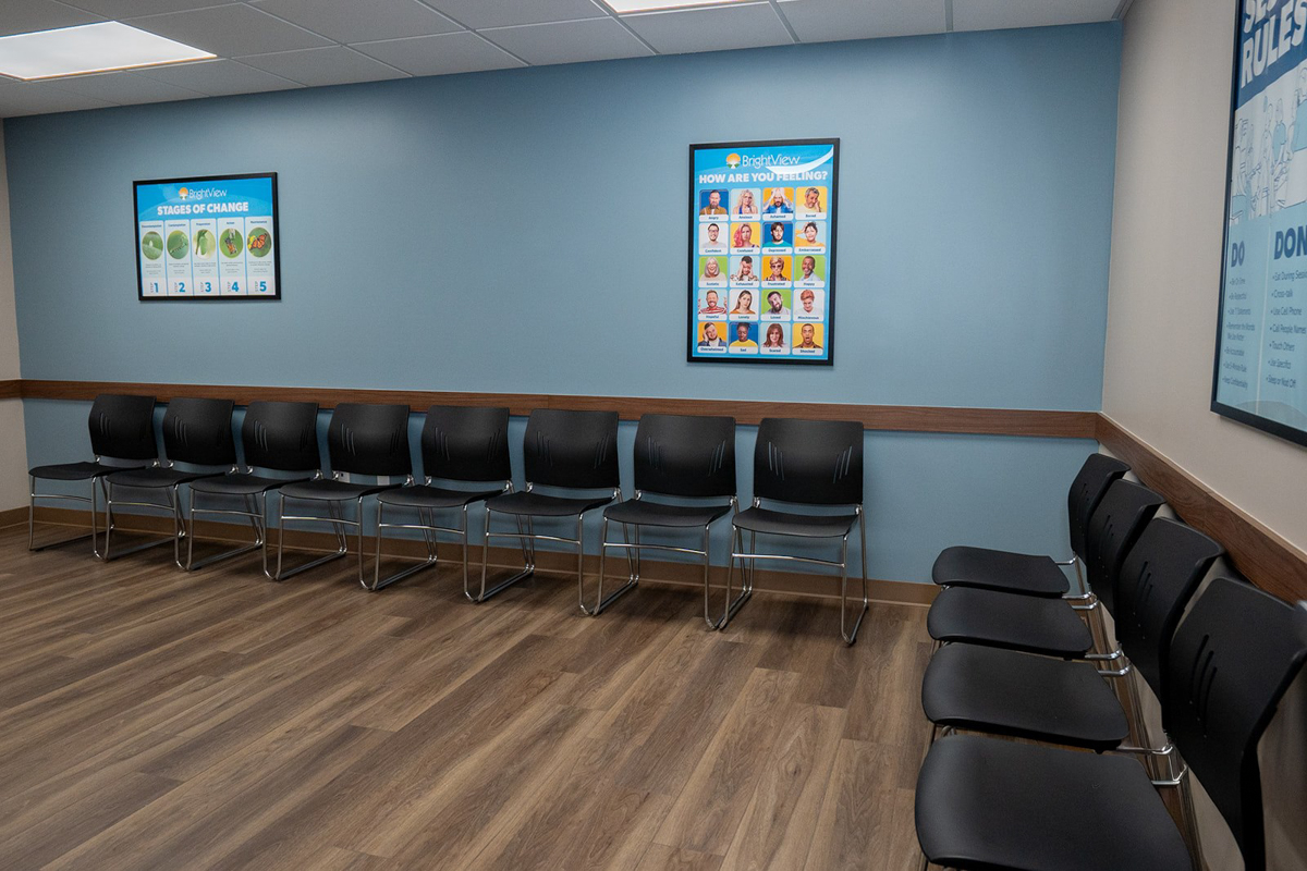 Group room with rows of chairs and recovery posters