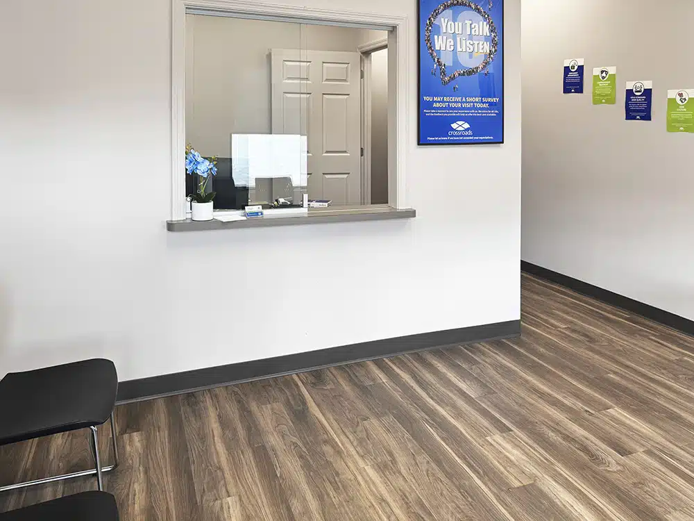 Reception window and seating area at treatment center