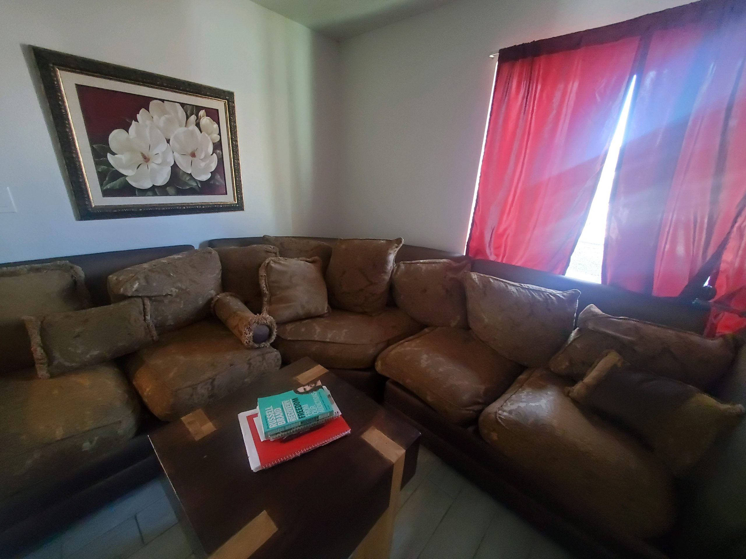 Warm-toned living space with a large brown sectional sofa, red curtains, floral wall art, and a coffee table topped with books and a journal