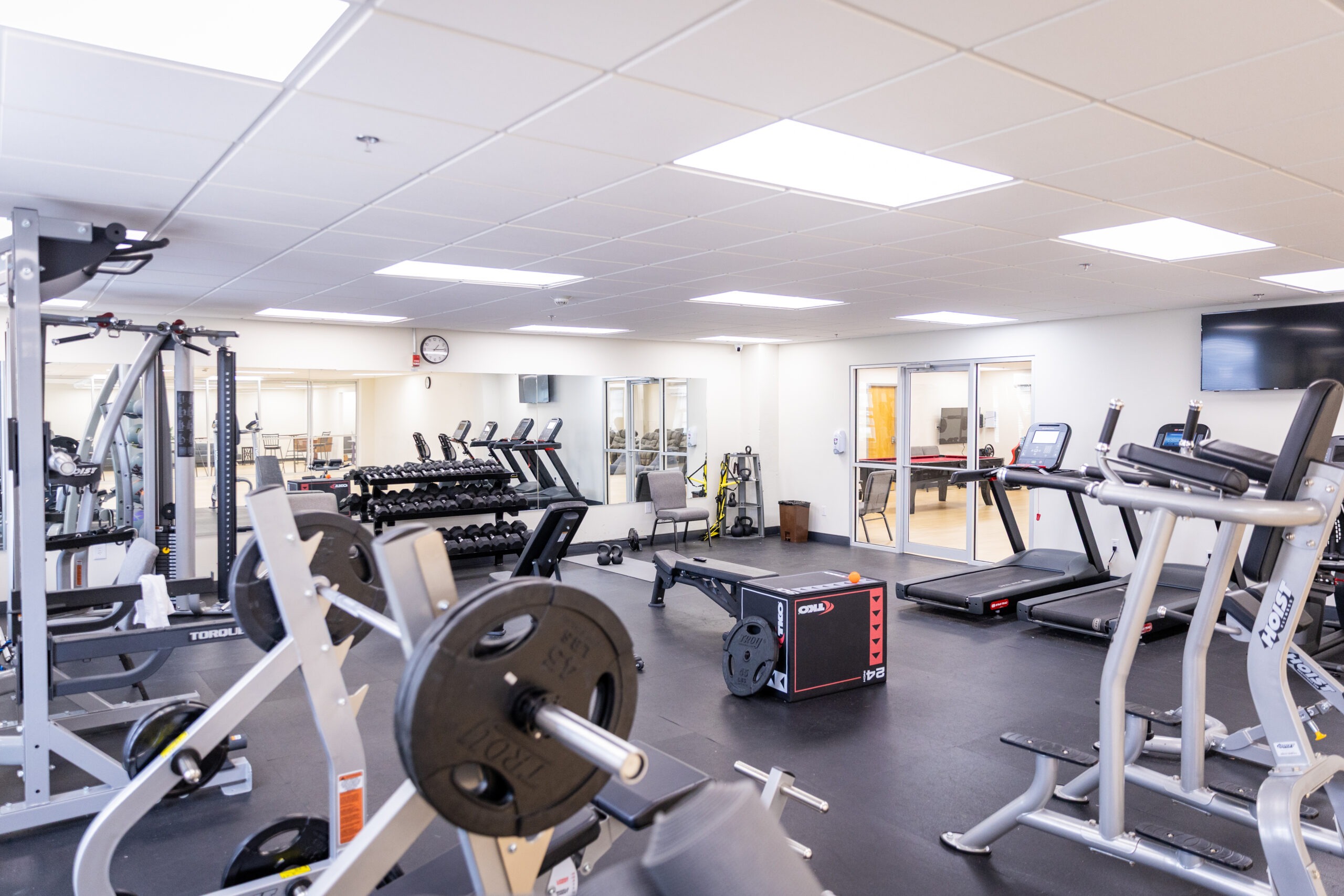 Gym with treadmills, weights, and strength equipment.