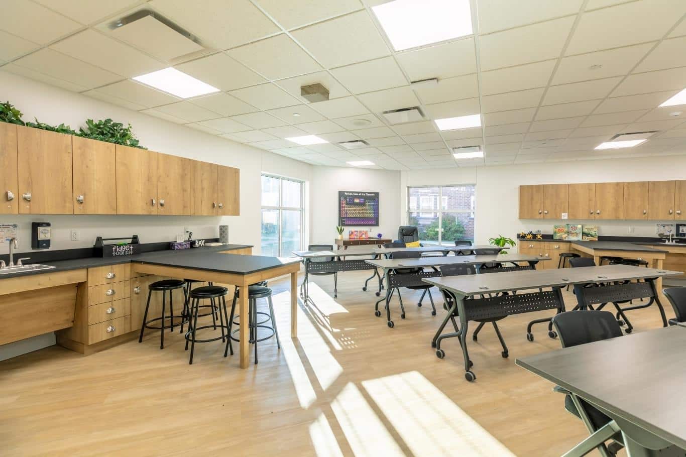Classroom with desks, lab counters, and educational materials