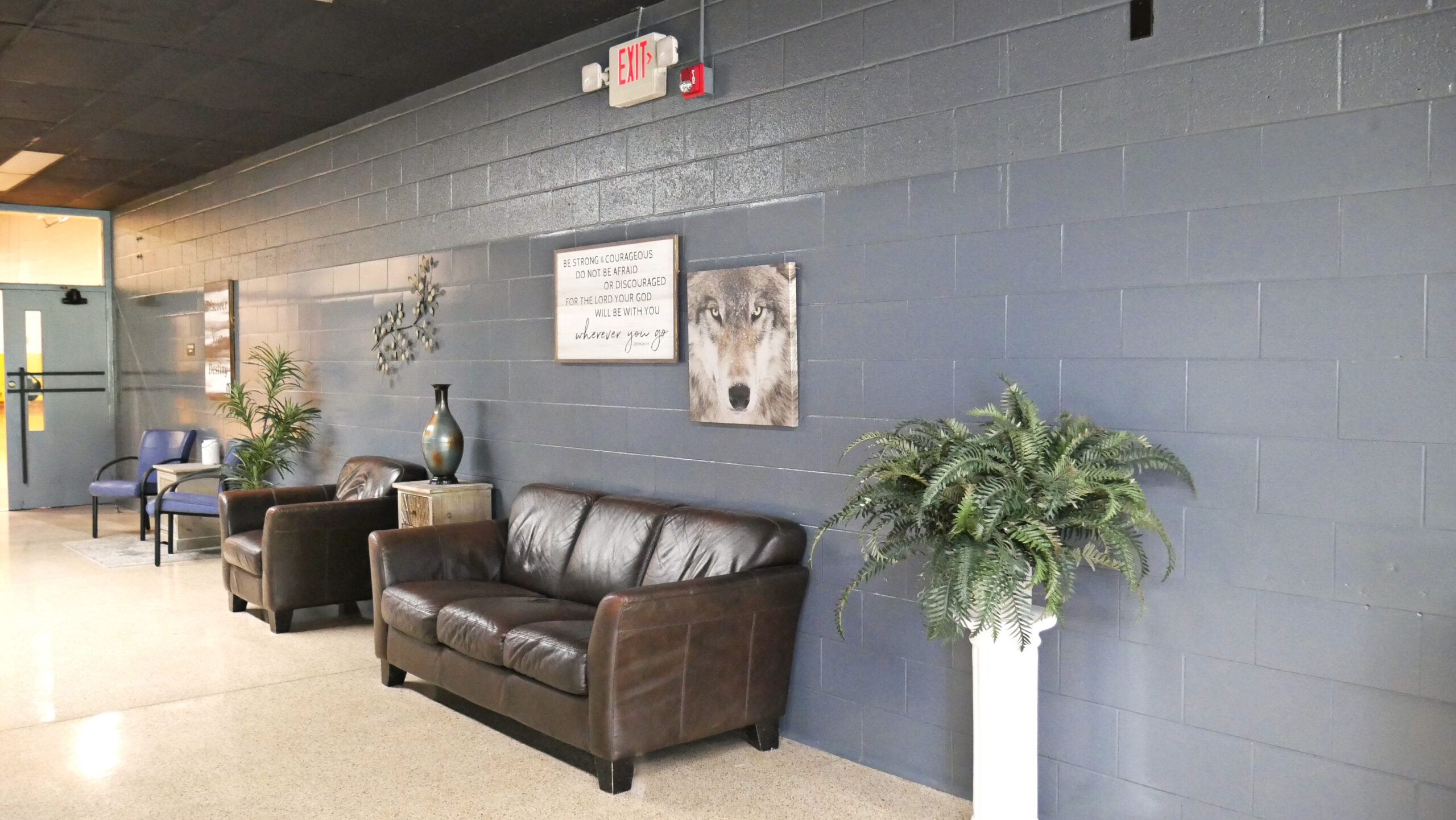 Cozy chairs along hallway wall with plants and art