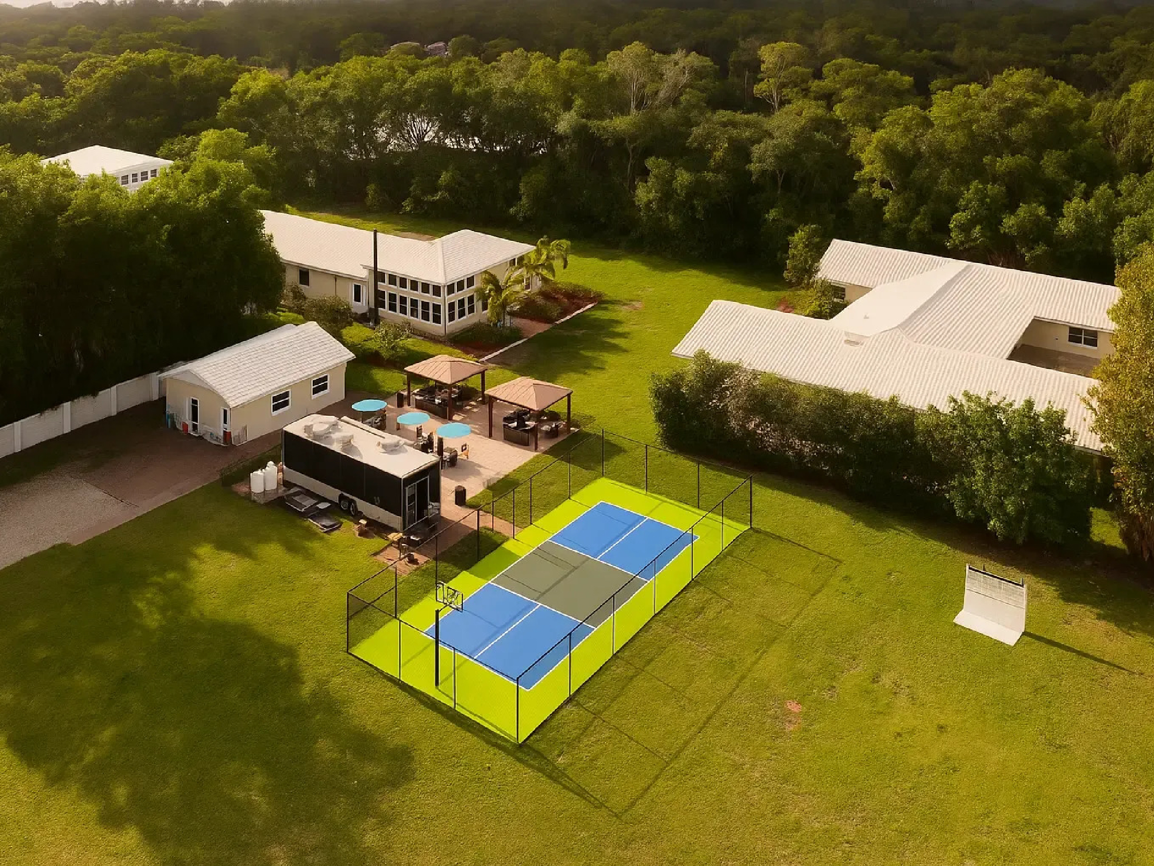 Aerial view of campus with fenced sports court and lawns