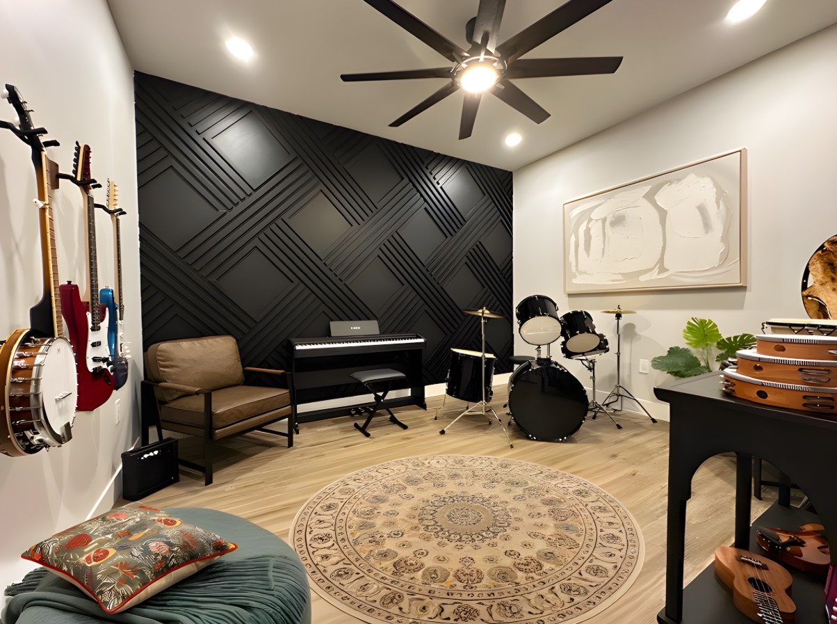 Music therapy room with instruments and piano