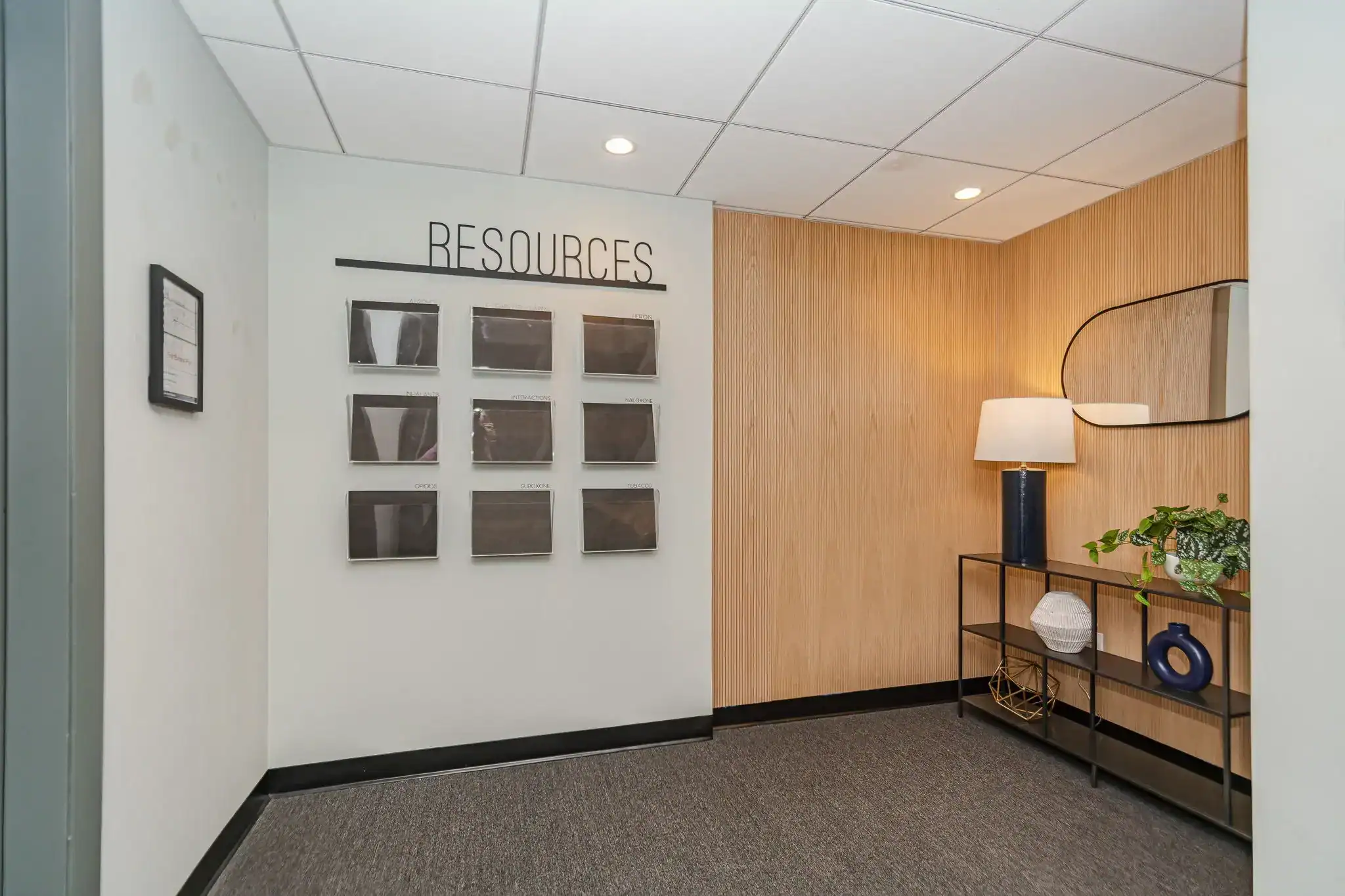 Resource center with wellness materials and decor