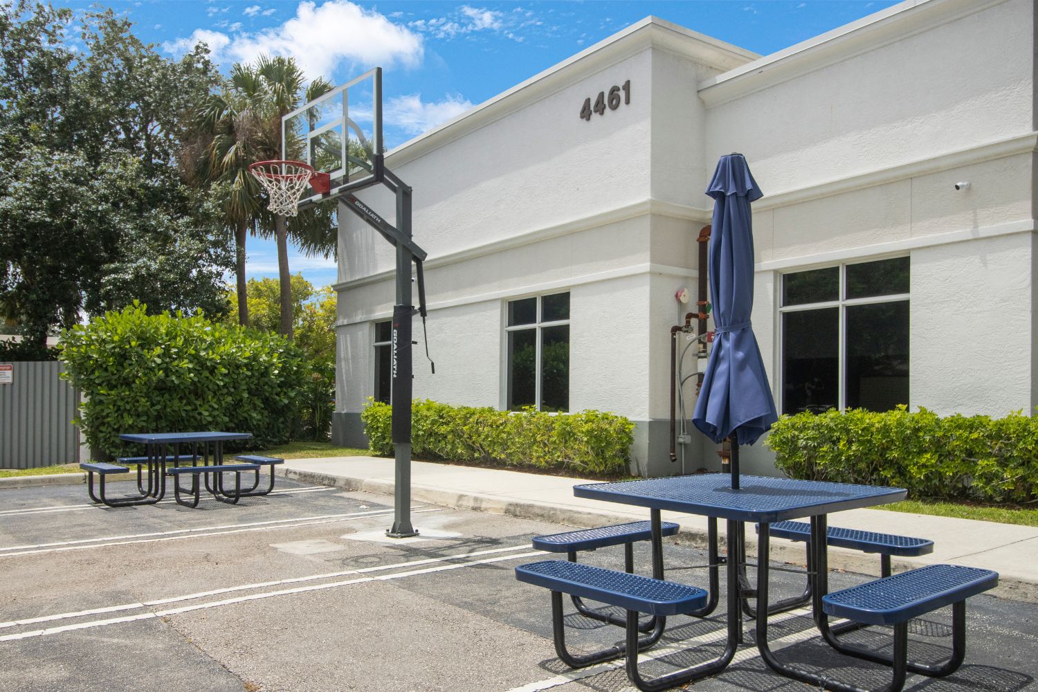Outdoor basketball hoop and blue picnic tables