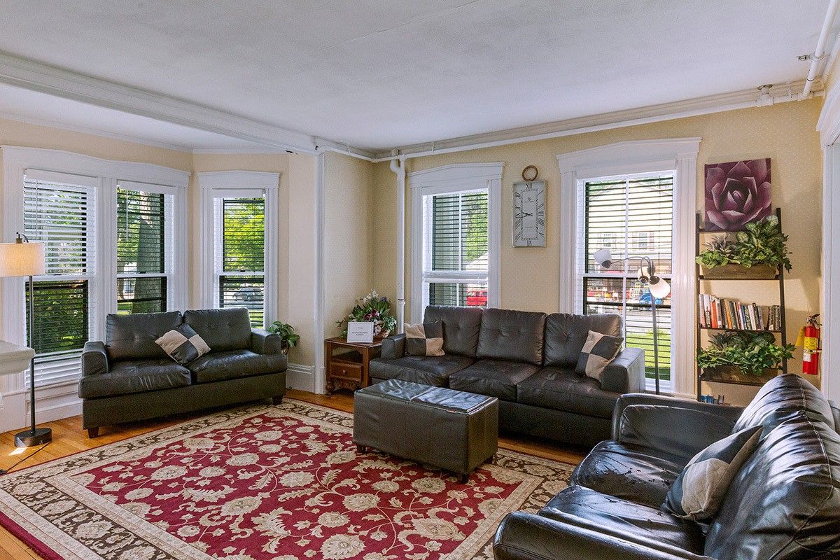 Bright lounge with leather sofas and red patterned rug