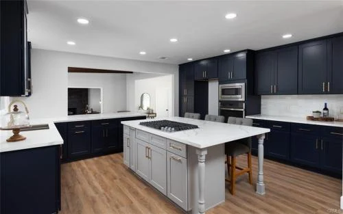 Spacious kitchen with island and navy cabinets