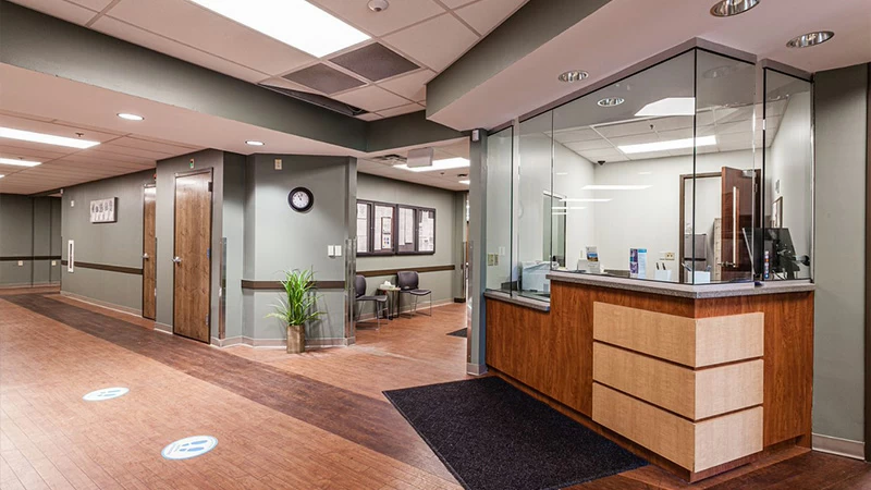 Reception area with front desk and seating