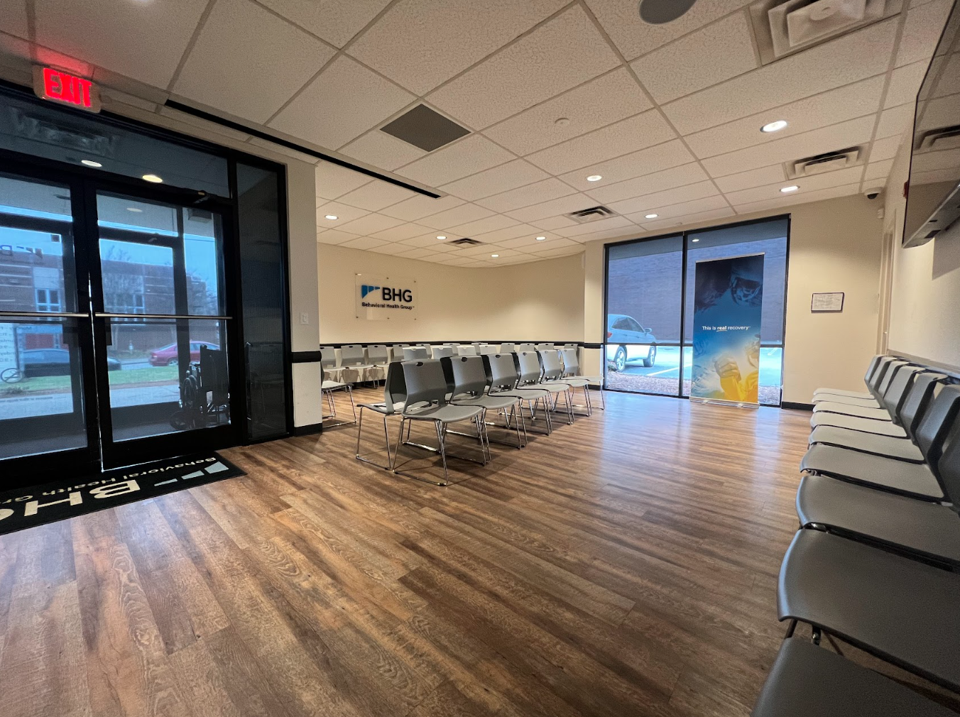 Bright lobby with seating and large front windows
