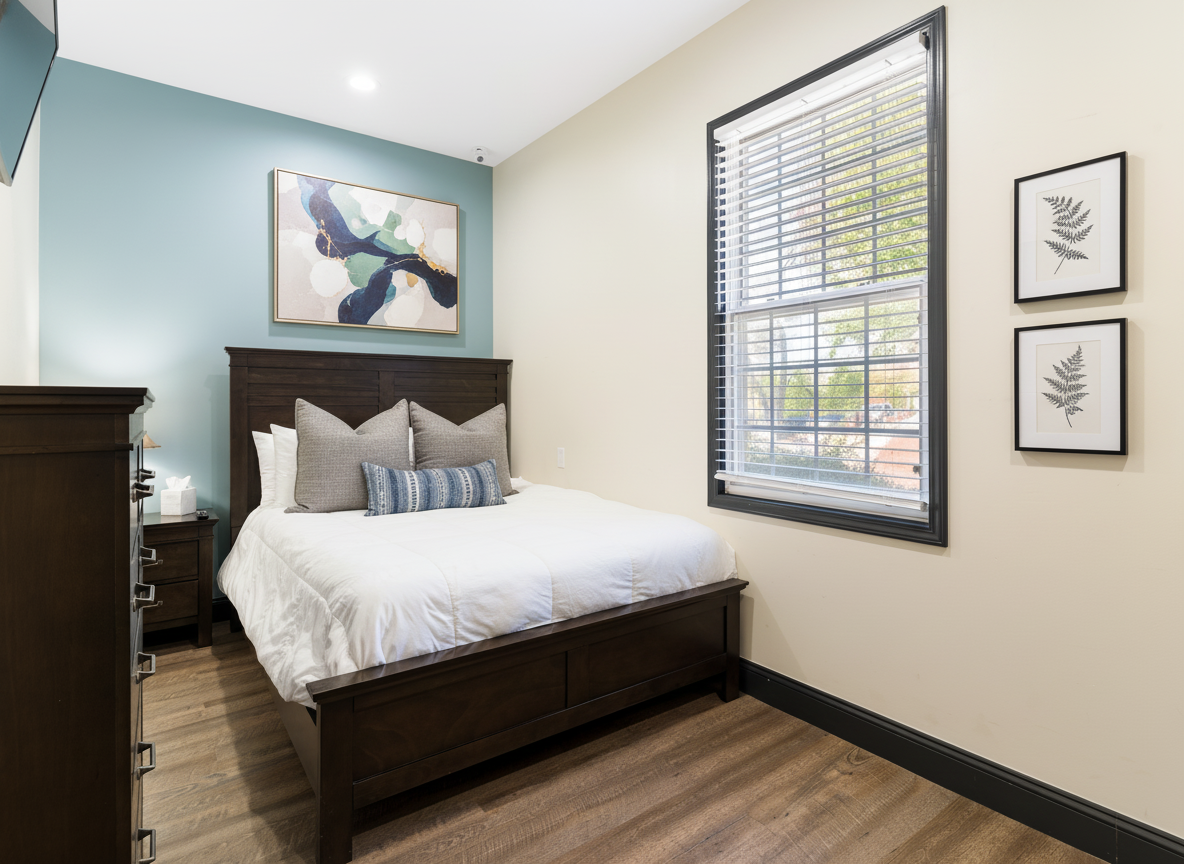 Cozy bedroom with wood furniture and soft lighting