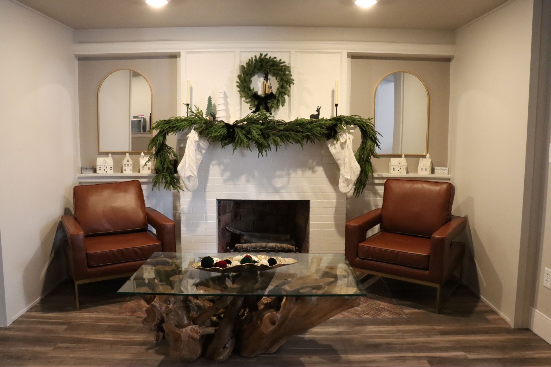 Fireplace lounge with chairs and modern decor