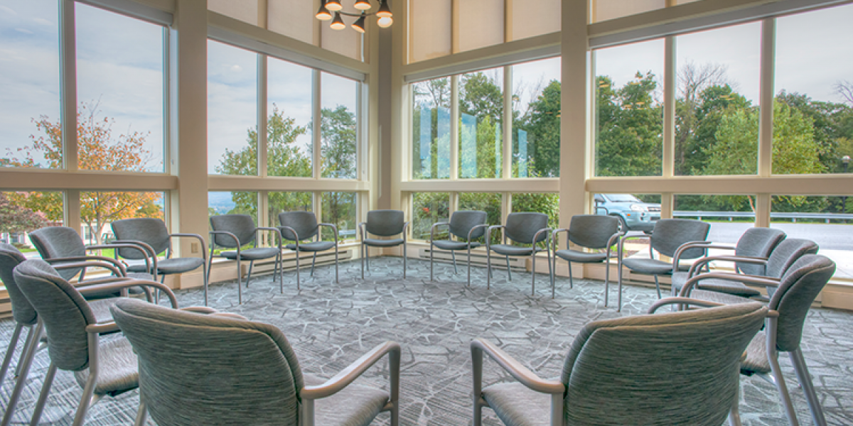 Bright group therapy room with chairs arranged in a circle and large floor-to-ceiling windows overlooking trees