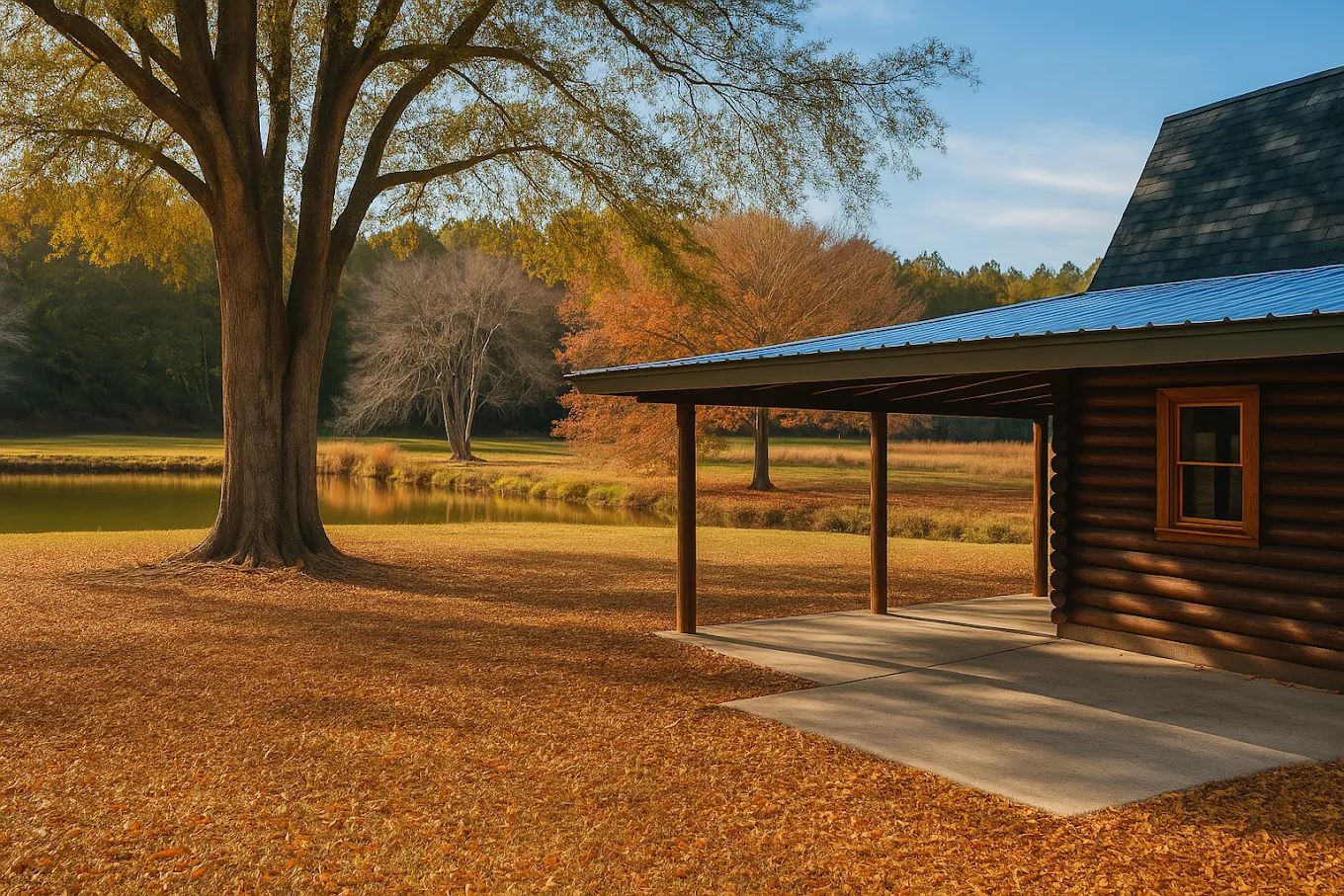 Rustic cabin overlooking a pond and tree-lined grounds in autumn