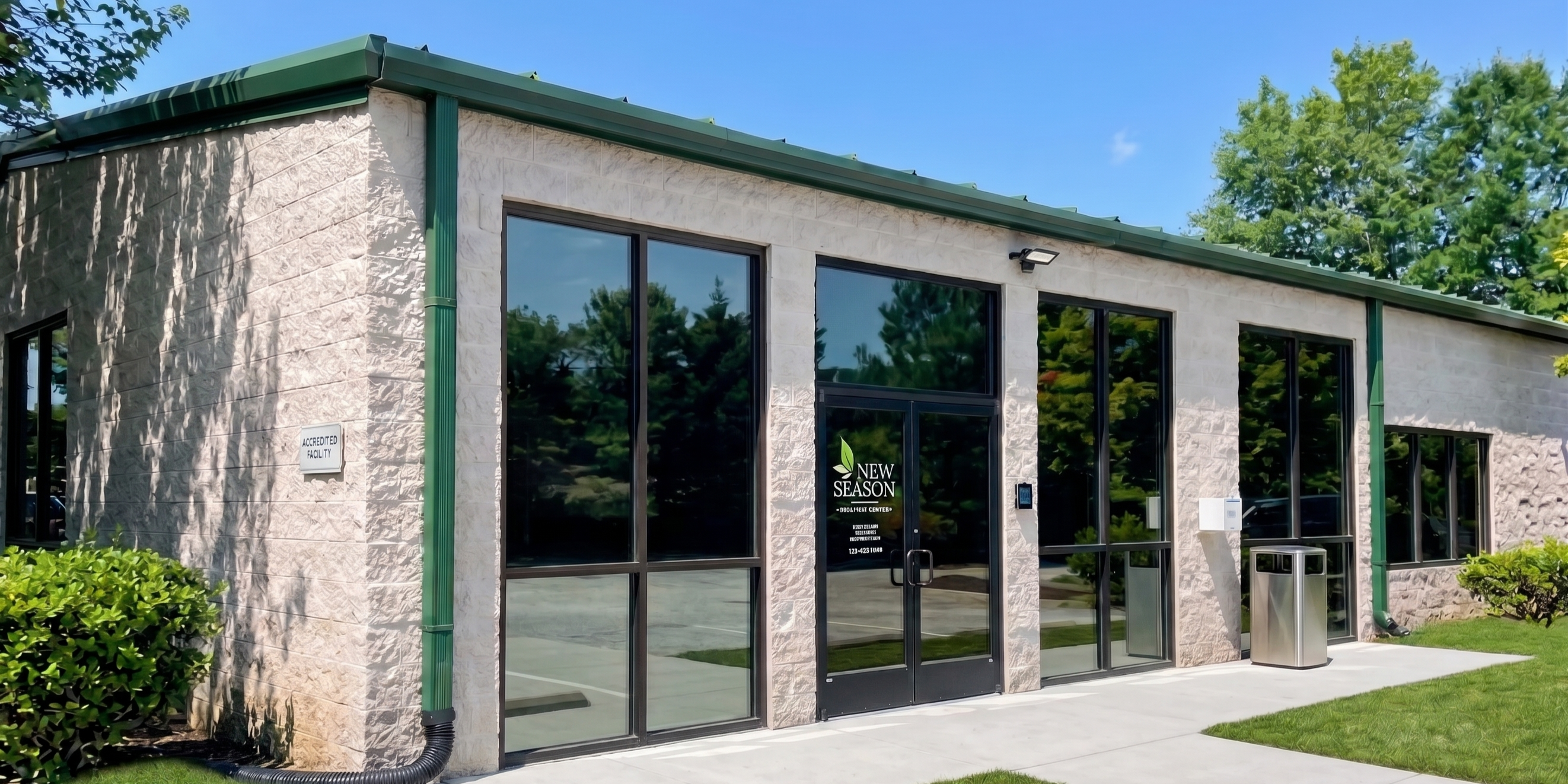New Season treatment center with glass entrance and stone exterior