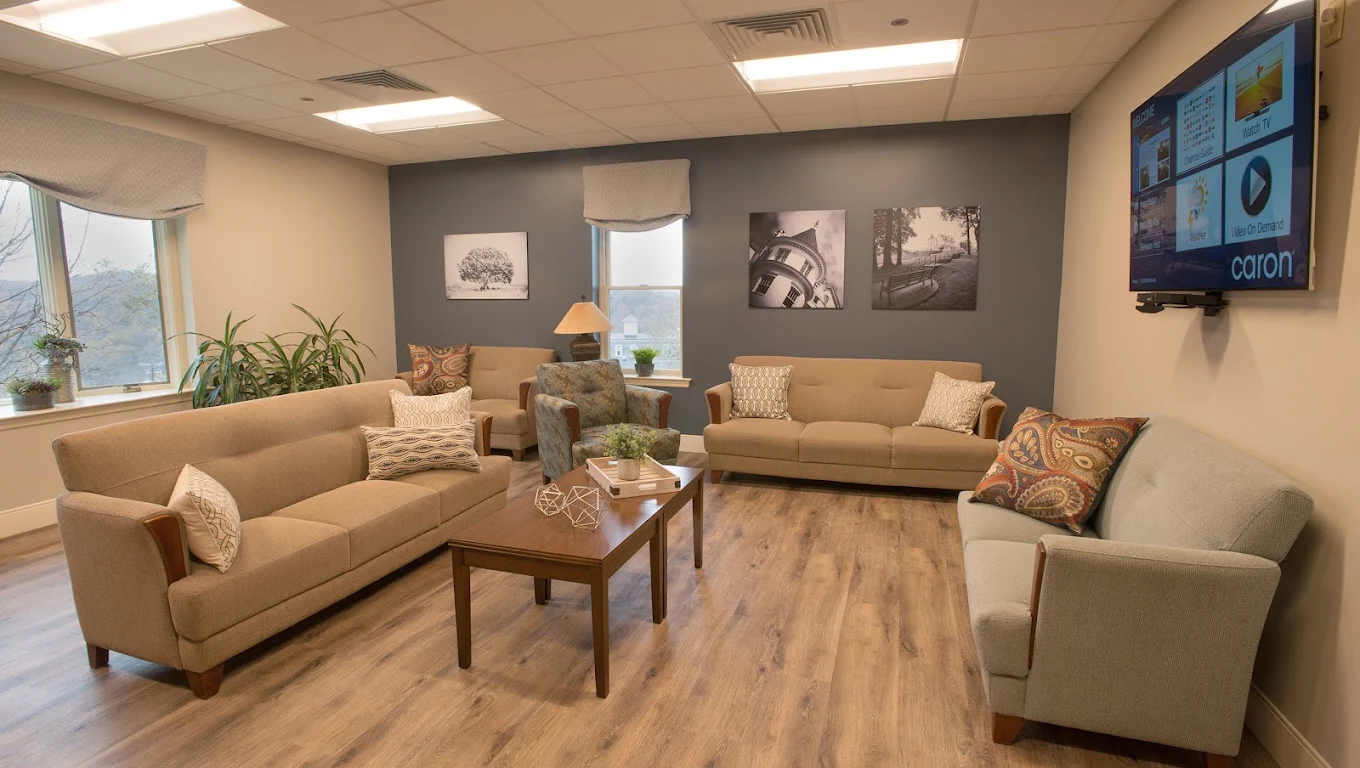 Comfortable patient lounge with sofas, armchairs, coffee table, wall-mounted television, and large windows
